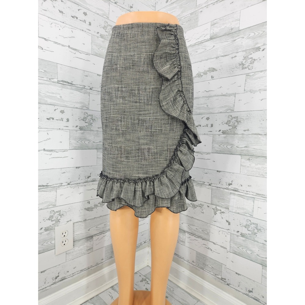 Rebecca Taylor Plaid Ruffle Skirt Black White Glen Check Midi Women 8